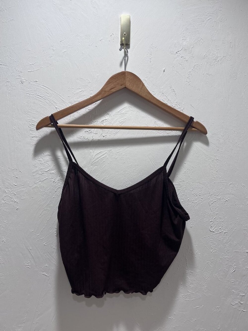 Brown Ribbed Crop Top With Double Spaghetti Straps And Ruffled Hemline